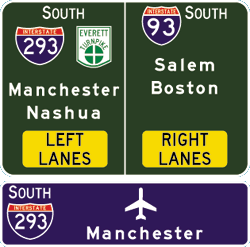 Interstate 293 Northern JN, southbound. IH 293 SOUTH For Manchester and Nashua, Manchester Airport can use this exit, though it's the long way round.